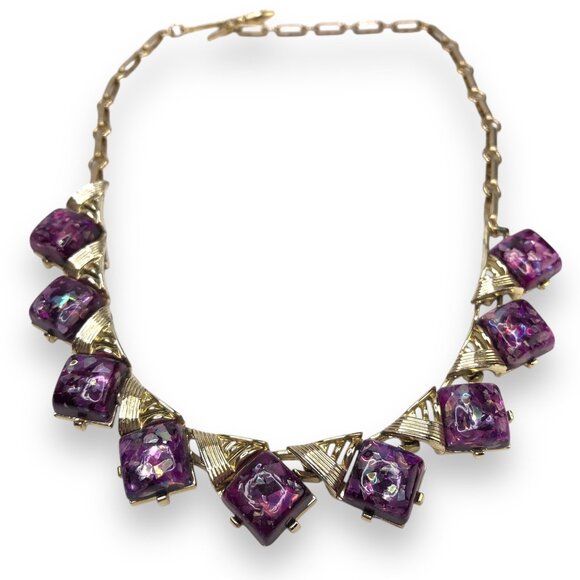 Coro Jewelry - VTG 80s CORO Purple Glitter Stone Silver Necklace 17" Chain Art Deco Luxury Gift